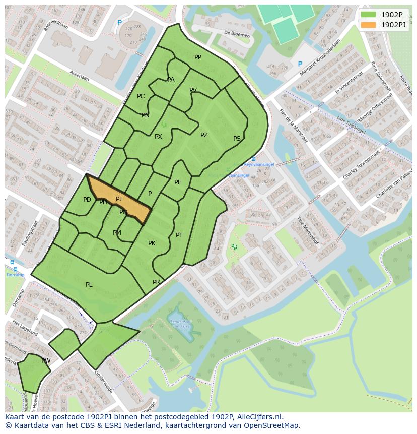 Afbeelding van het postcodegebied 1902 PJ op de kaart.
