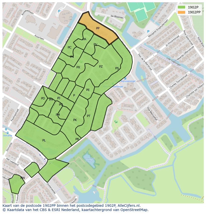 Afbeelding van het postcodegebied 1902 PP op de kaart.