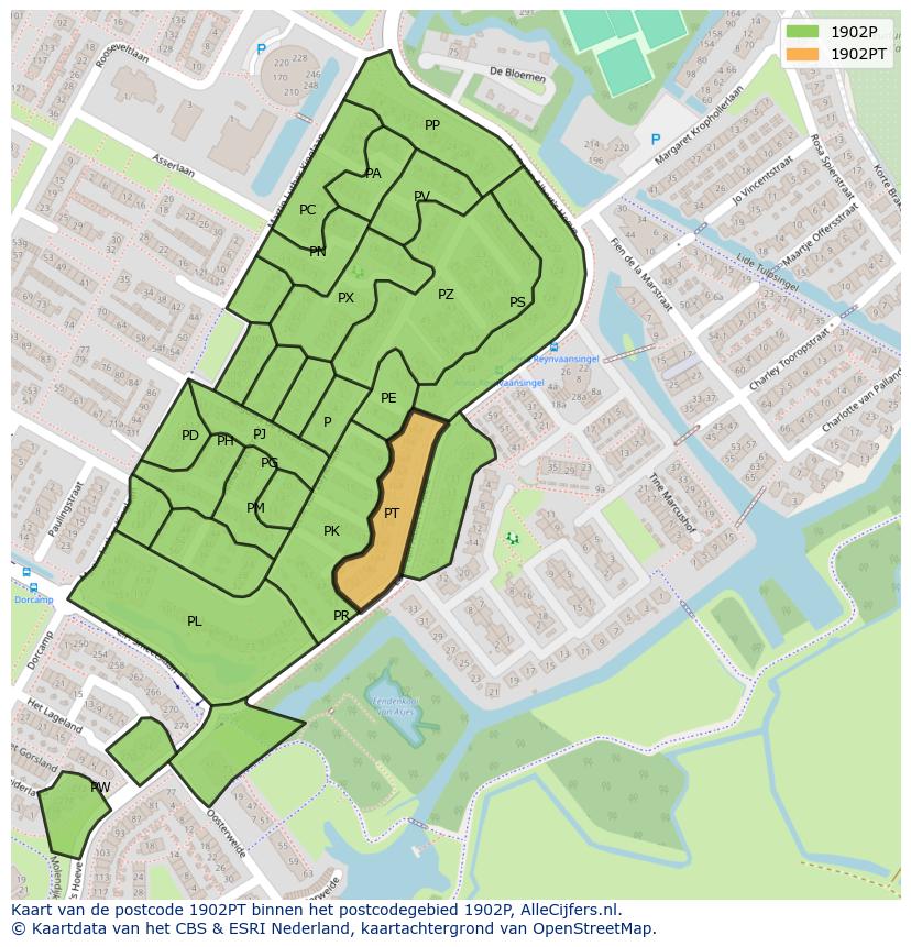 Afbeelding van het postcodegebied 1902 PT op de kaart.
