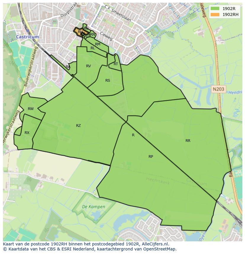 Afbeelding van het postcodegebied 1902 RH op de kaart.