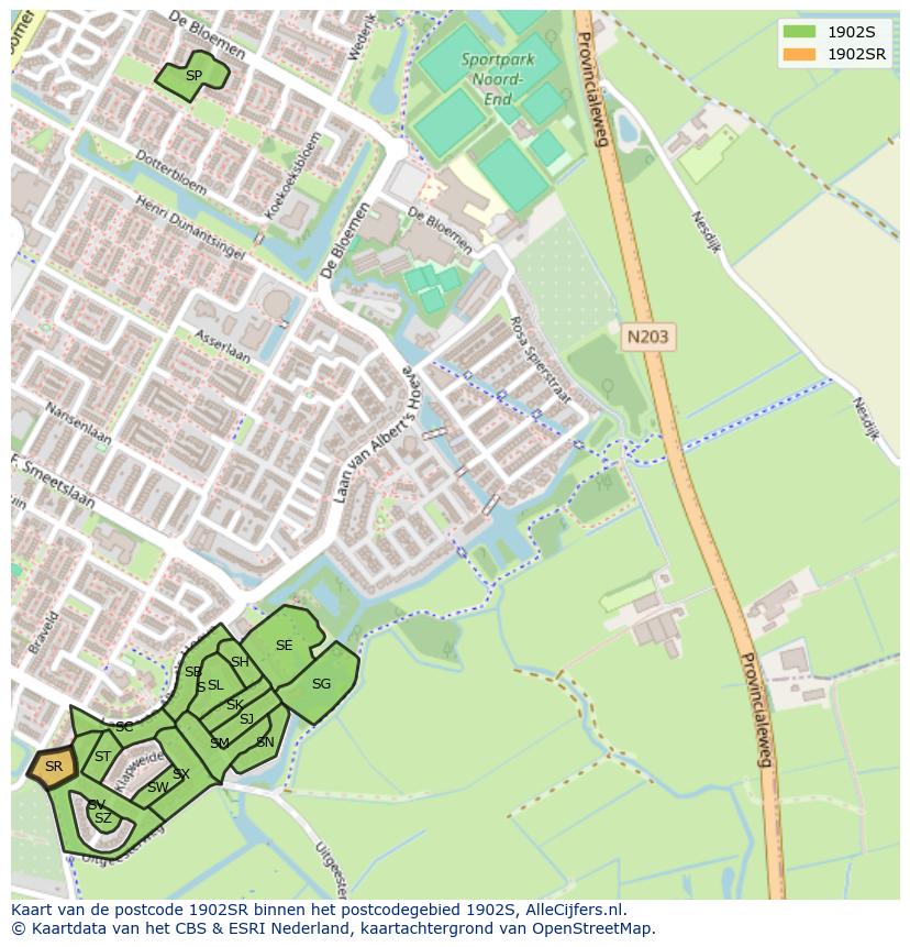 Afbeelding van het postcodegebied 1902 SR op de kaart.