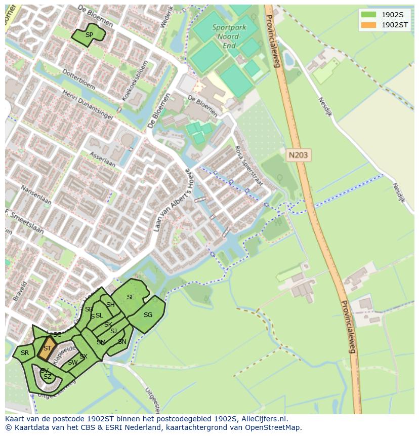 Afbeelding van het postcodegebied 1902 ST op de kaart.