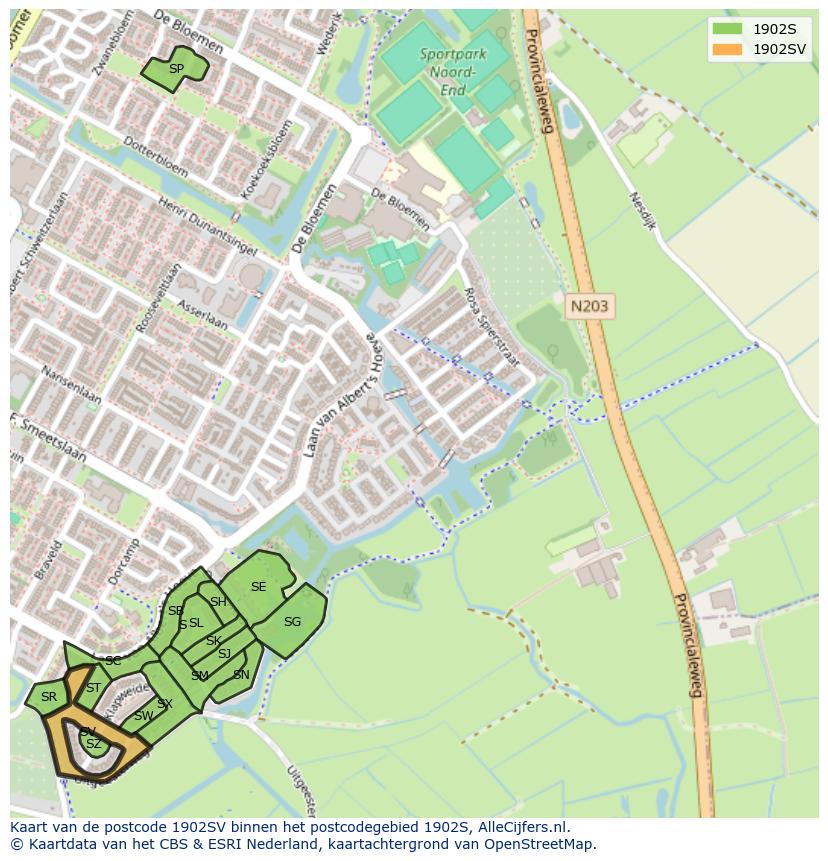Afbeelding van het postcodegebied 1902 SV op de kaart.