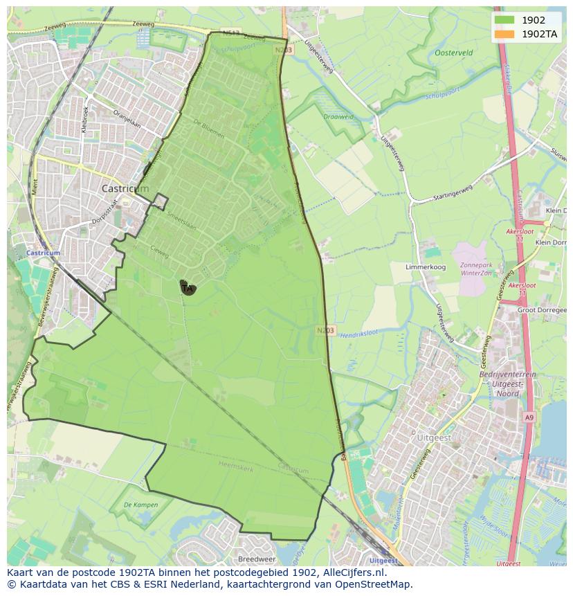 Afbeelding van het postcodegebied 1902 TA op de kaart.