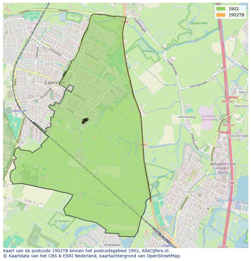 Afbeelding van het postcodegebied 1902 TB op de kaart.