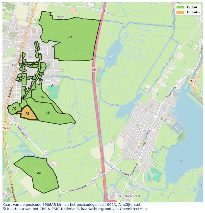 Afbeelding van het postcodegebied 1906 AB op de kaart.