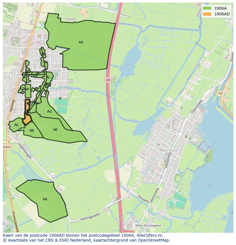 Afbeelding van het postcodegebied 1906 AD op de kaart.