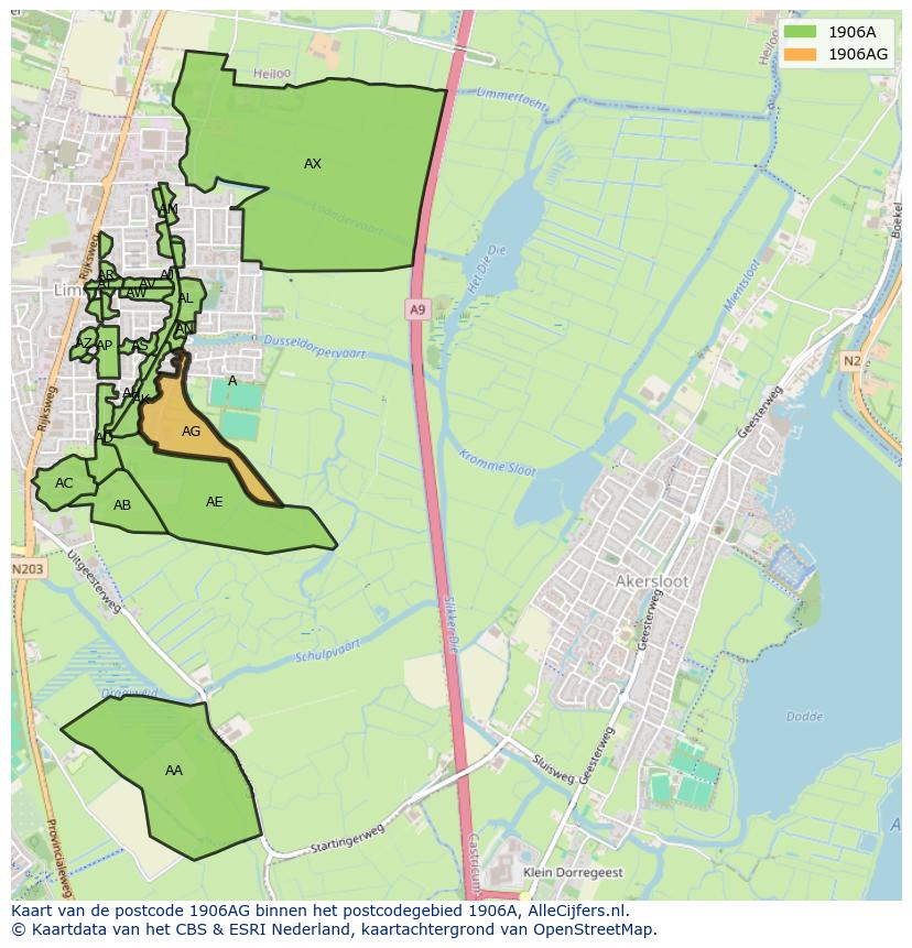 Afbeelding van het postcodegebied 1906 AG op de kaart.