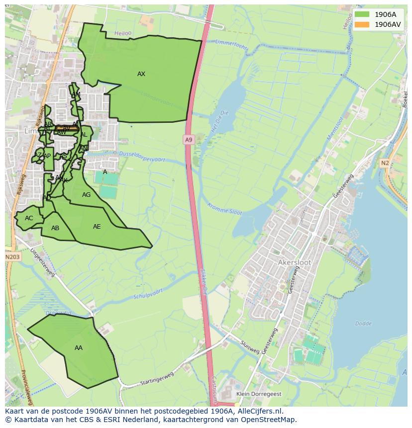 Afbeelding van het postcodegebied 1906 AV op de kaart.