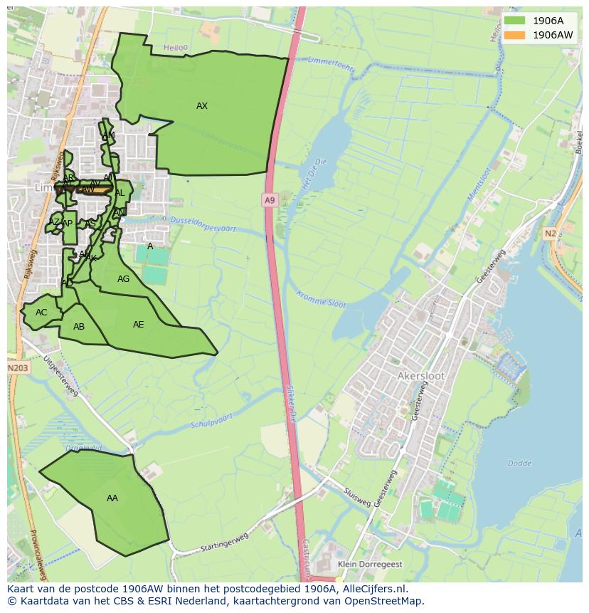 Afbeelding van het postcodegebied 1906 AW op de kaart.