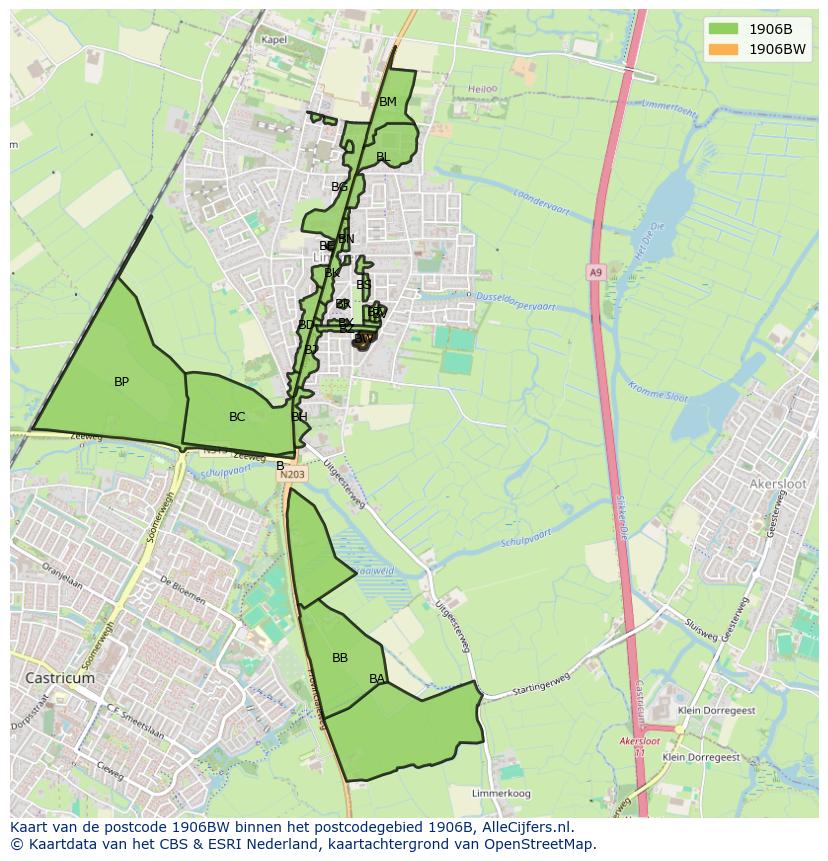 Afbeelding van het postcodegebied 1906 BW op de kaart.