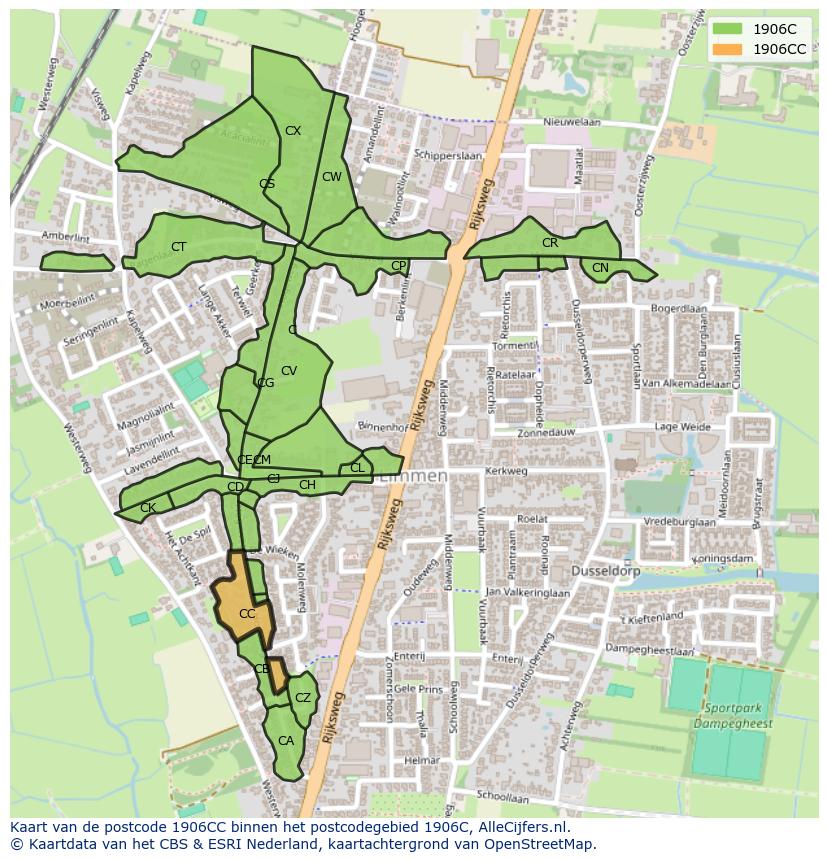 Afbeelding van het postcodegebied 1906 CC op de kaart.