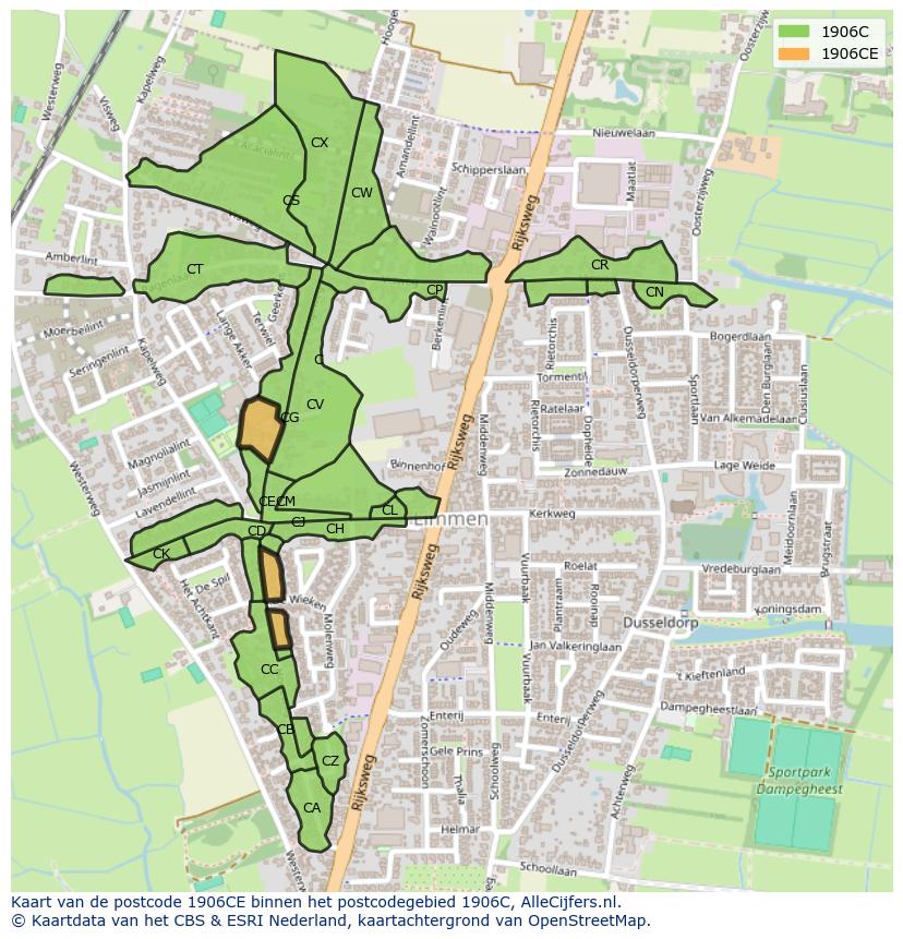 Afbeelding van het postcodegebied 1906 CE op de kaart.