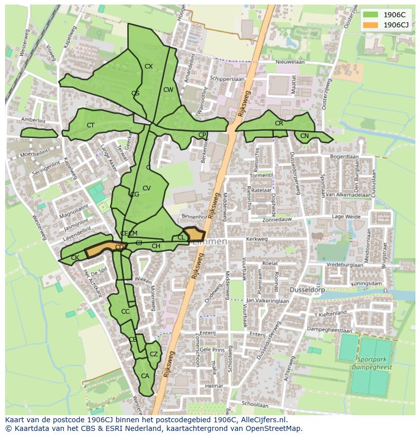 Afbeelding van het postcodegebied 1906 CJ op de kaart.