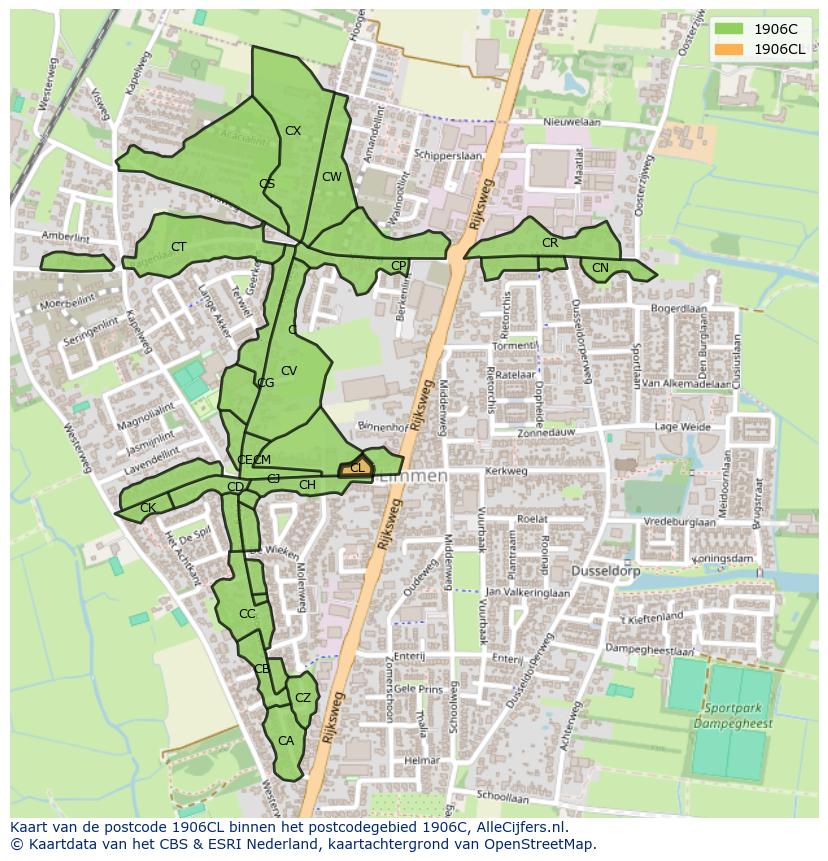 Afbeelding van het postcodegebied 1906 CL op de kaart.