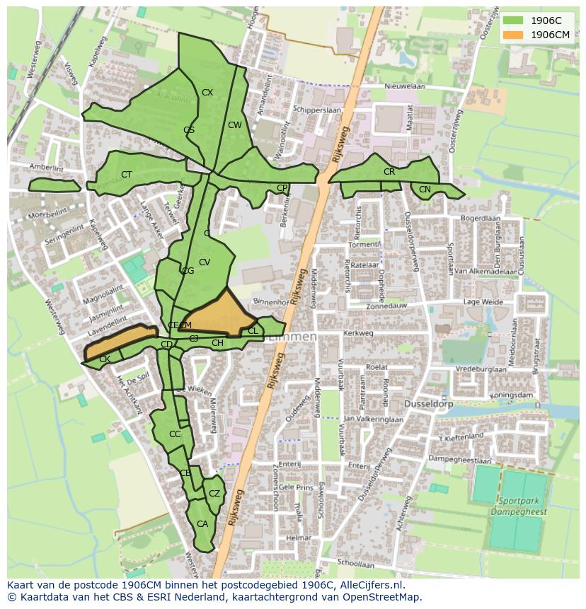 Afbeelding van het postcodegebied 1906 CM op de kaart.