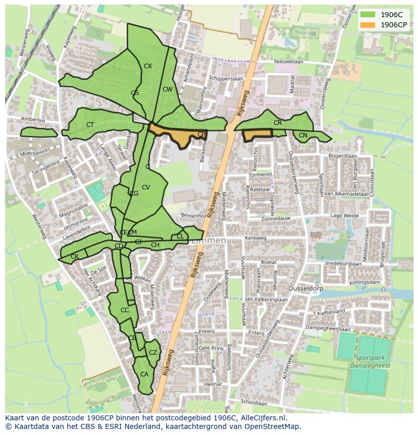 Afbeelding van het postcodegebied 1906 CP op de kaart.