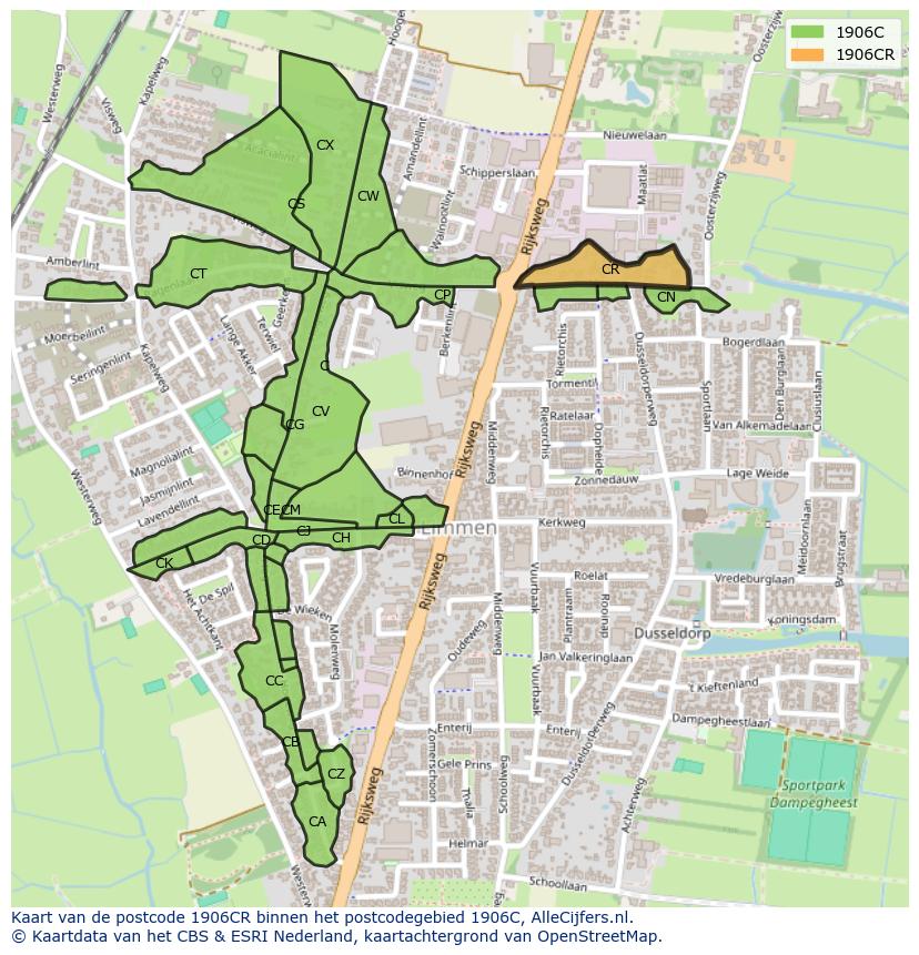Afbeelding van het postcodegebied 1906 CR op de kaart.