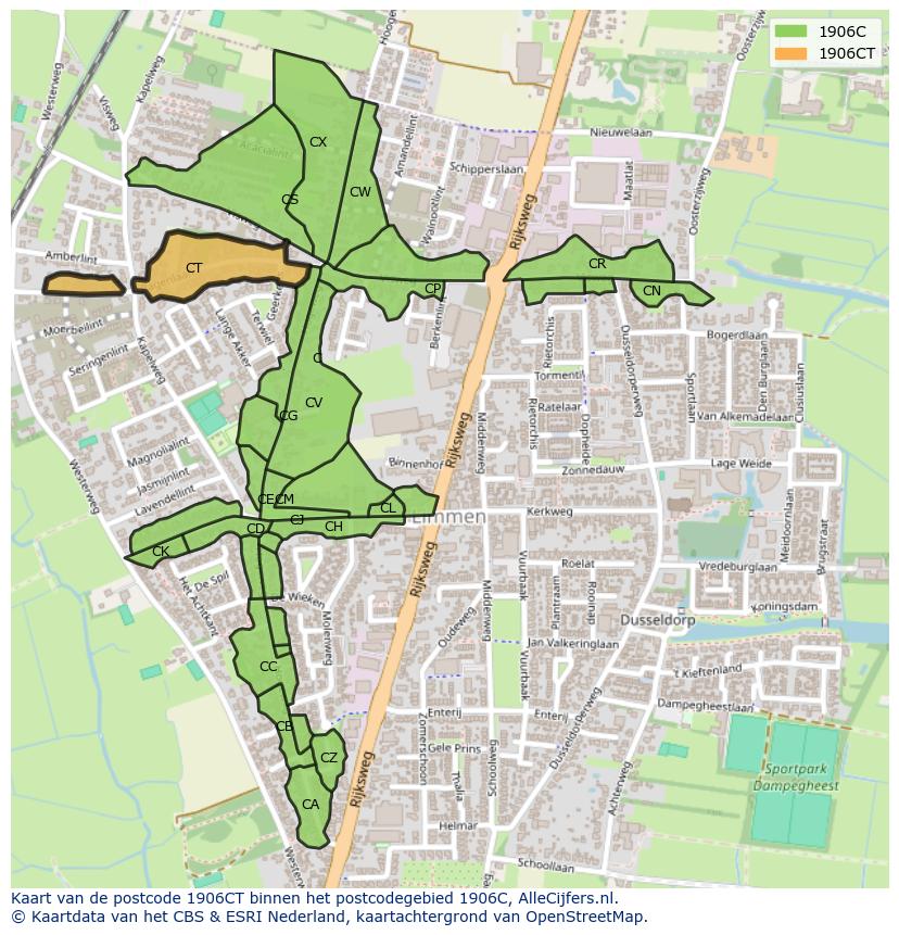 Afbeelding van het postcodegebied 1906 CT op de kaart.