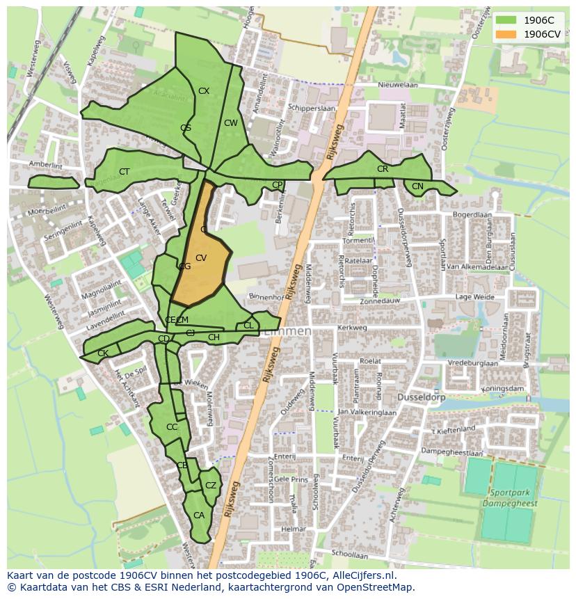 Afbeelding van het postcodegebied 1906 CV op de kaart.