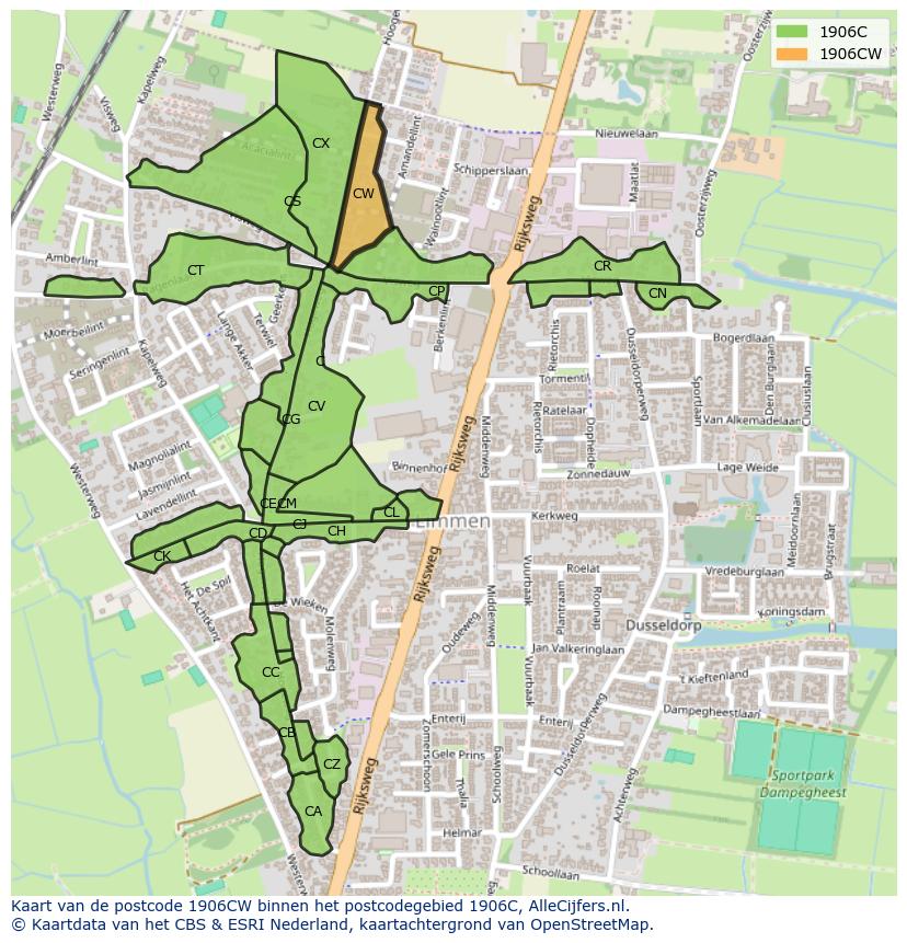 Afbeelding van het postcodegebied 1906 CW op de kaart.