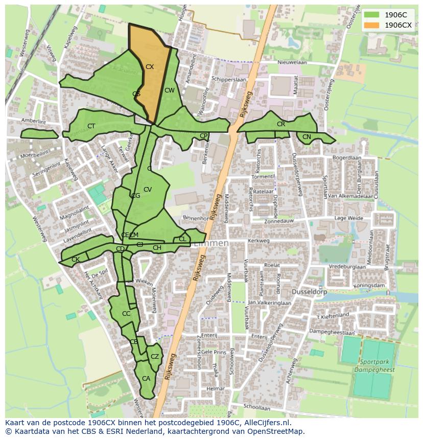 Afbeelding van het postcodegebied 1906 CX op de kaart.