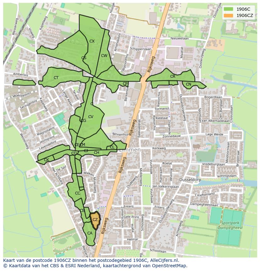 Afbeelding van het postcodegebied 1906 CZ op de kaart.