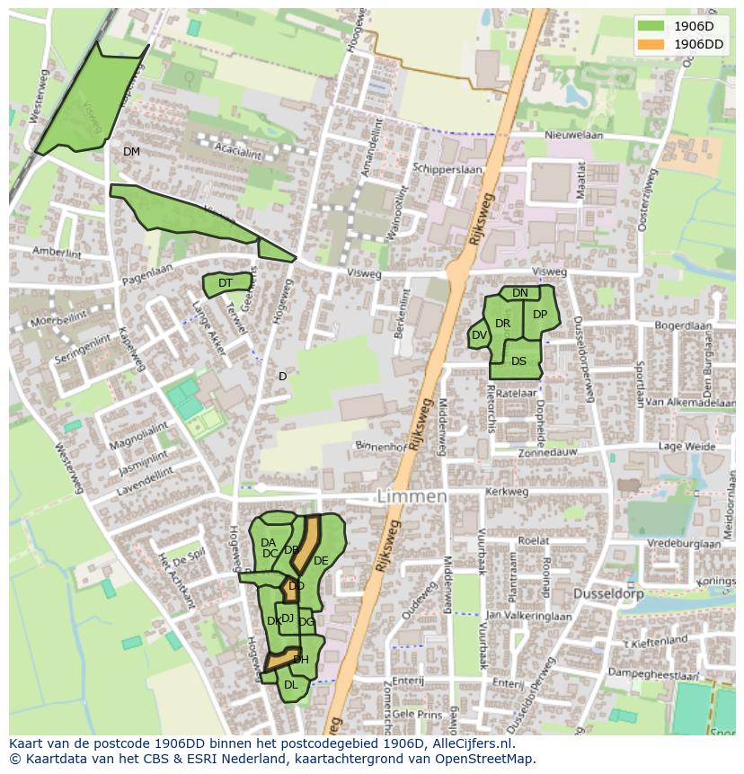 Afbeelding van het postcodegebied 1906 DD op de kaart.