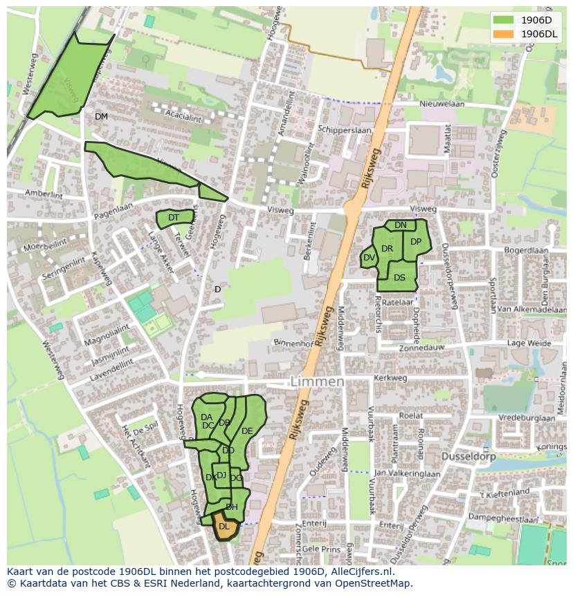 Afbeelding van het postcodegebied 1906 DL op de kaart.