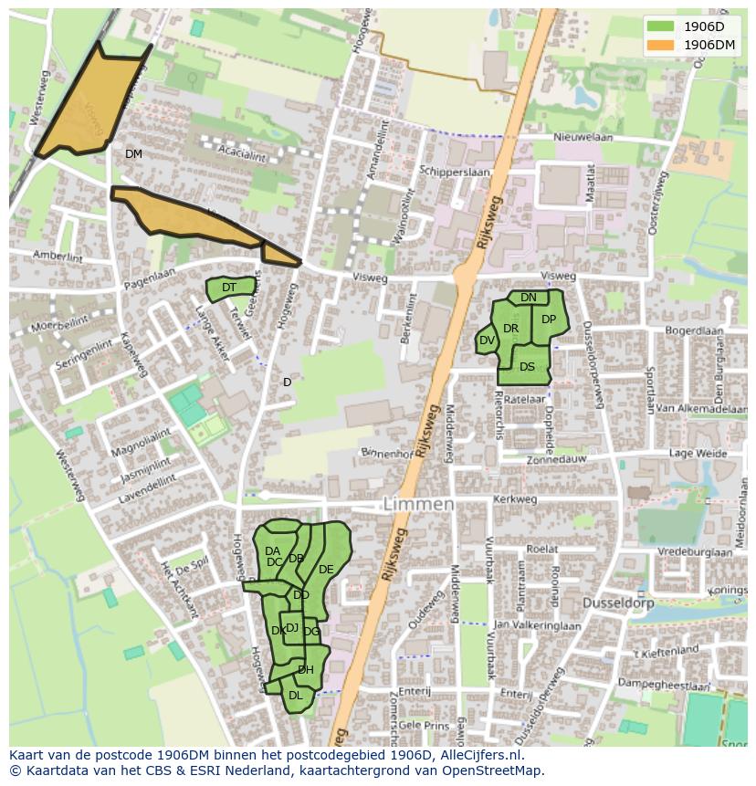 Afbeelding van het postcodegebied 1906 DM op de kaart.