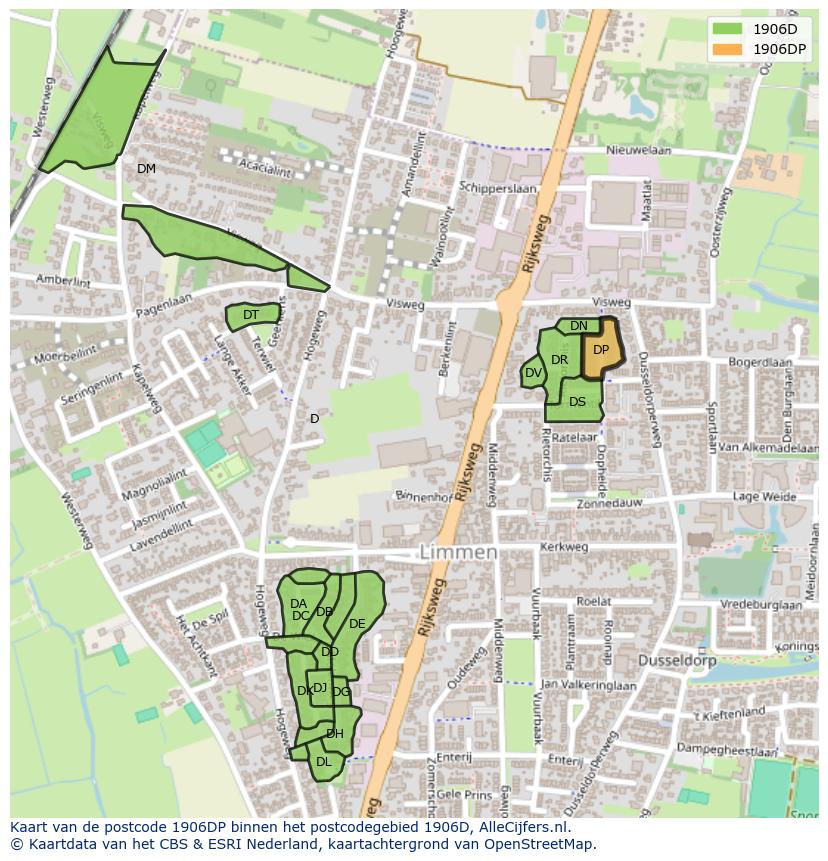 Afbeelding van het postcodegebied 1906 DP op de kaart.