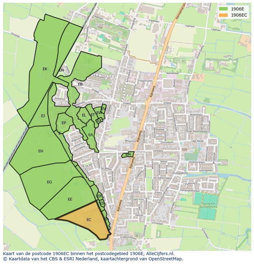 Afbeelding van het postcodegebied 1906 EC op de kaart.