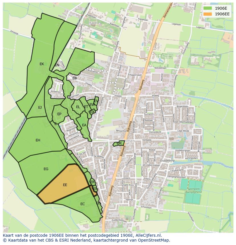 Afbeelding van het postcodegebied 1906 EE op de kaart.