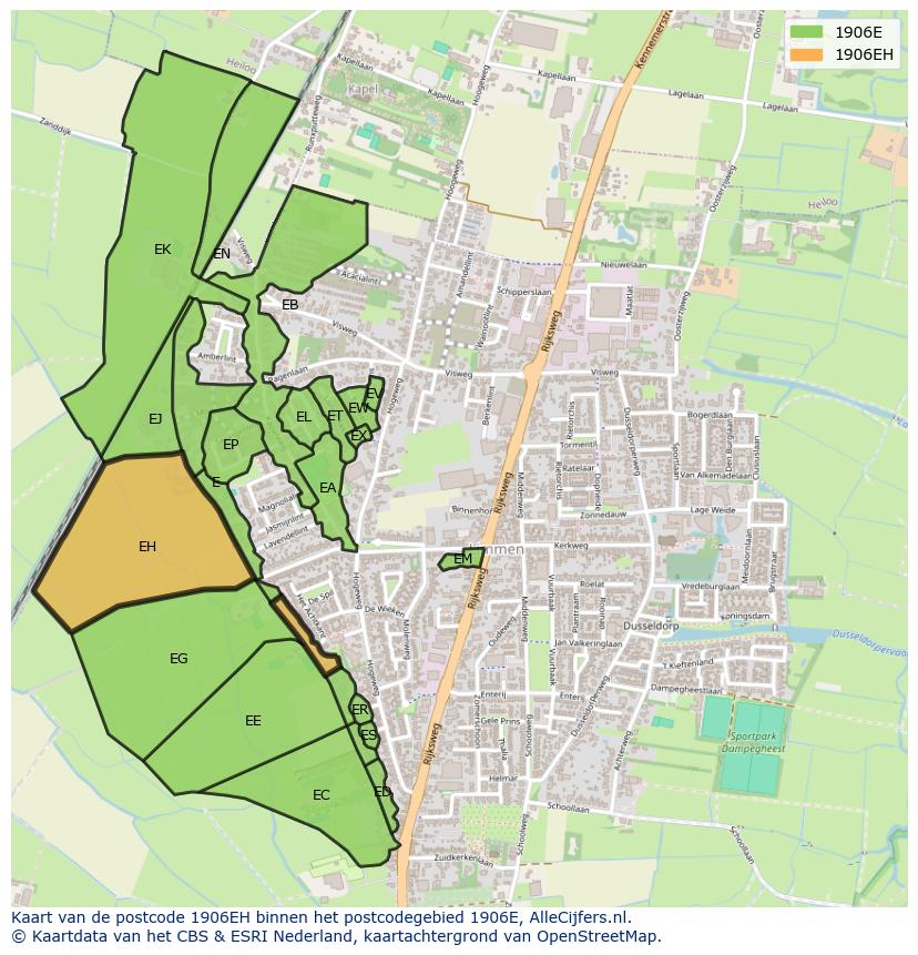 Afbeelding van het postcodegebied 1906 EH op de kaart.