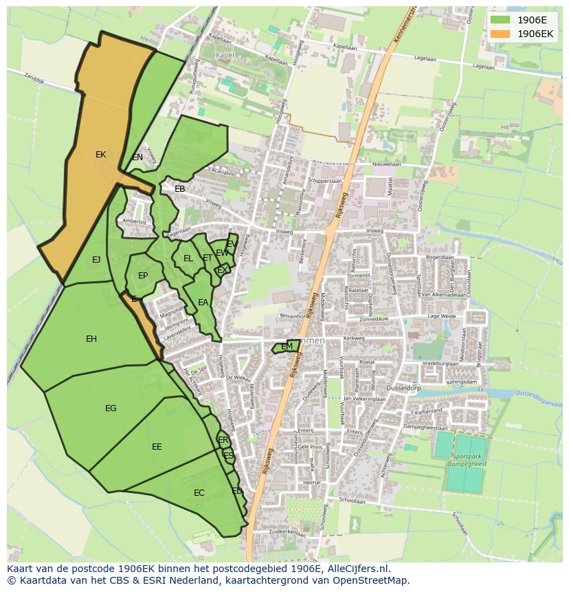 Afbeelding van het postcodegebied 1906 EK op de kaart.