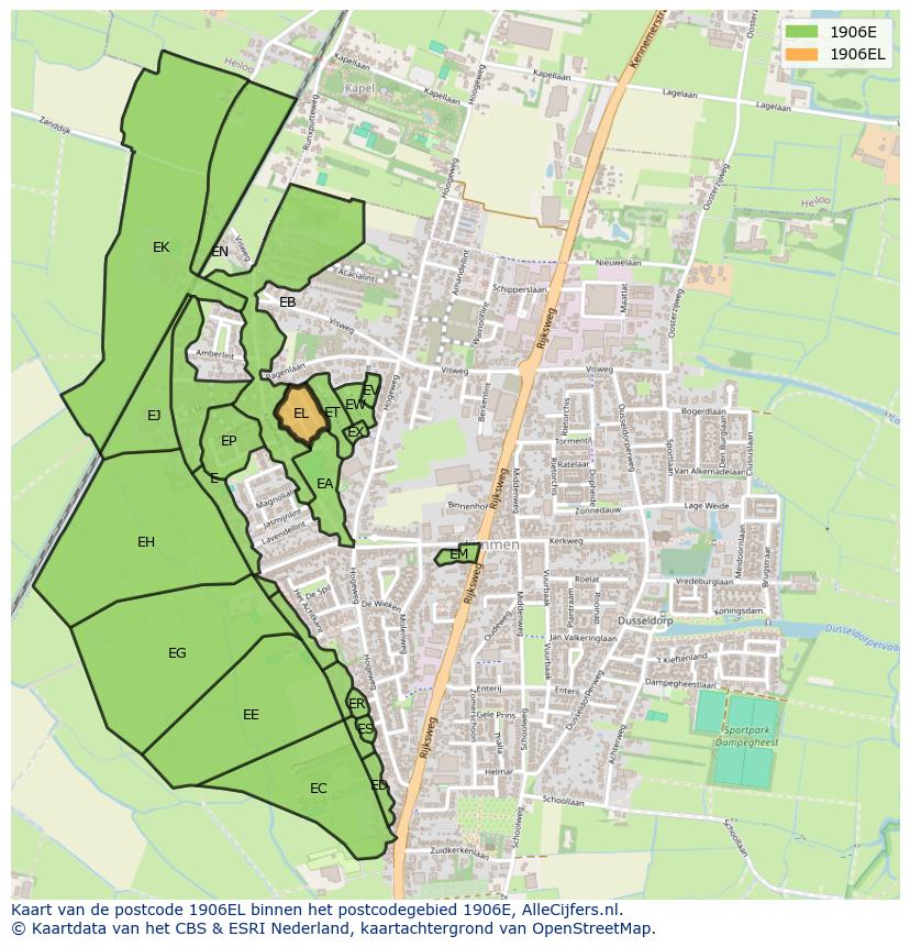 Afbeelding van het postcodegebied 1906 EL op de kaart.