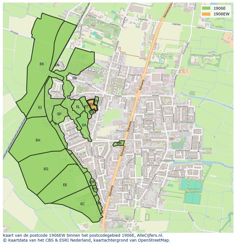 Afbeelding van het postcodegebied 1906 EW op de kaart.
