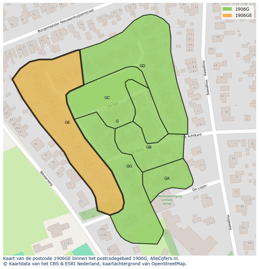 Afbeelding van het postcodegebied 1906 GE op de kaart.