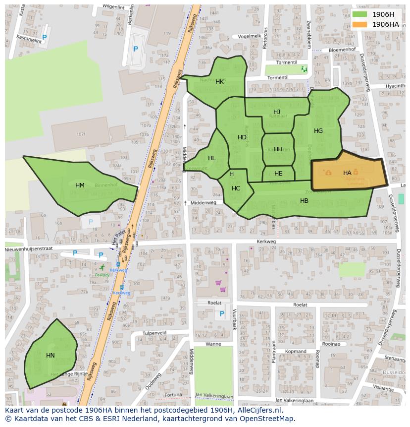 Afbeelding van het postcodegebied 1906 HA op de kaart.