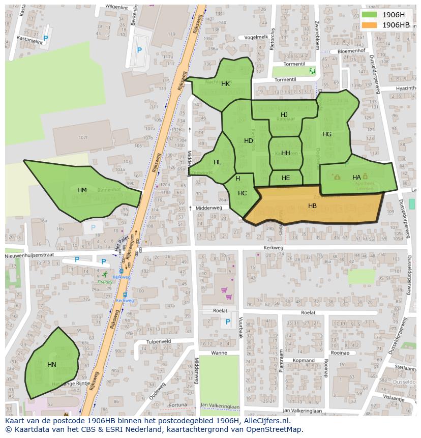 Afbeelding van het postcodegebied 1906 HB op de kaart.