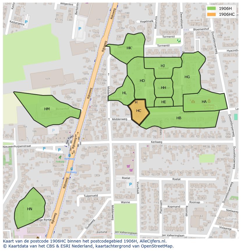 Afbeelding van het postcodegebied 1906 HC op de kaart.