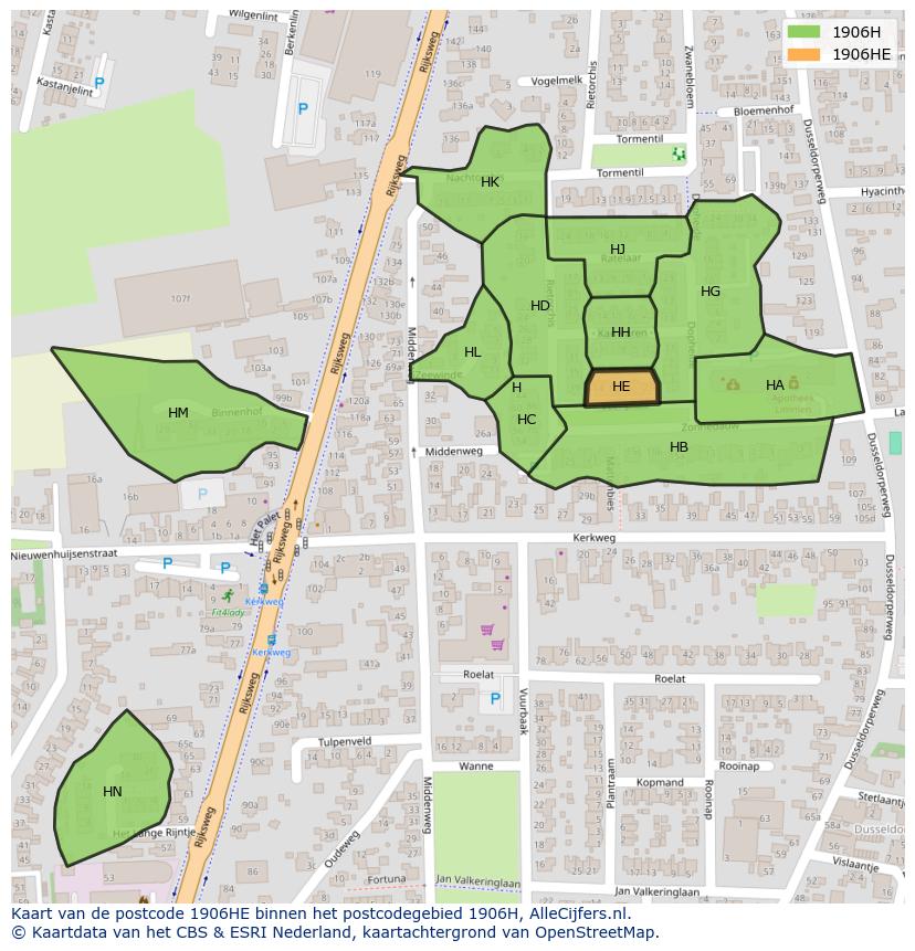 Afbeelding van het postcodegebied 1906 HE op de kaart.