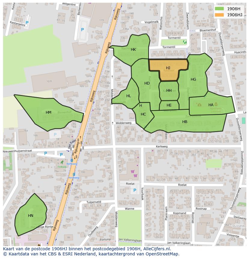 Afbeelding van het postcodegebied 1906 HJ op de kaart.