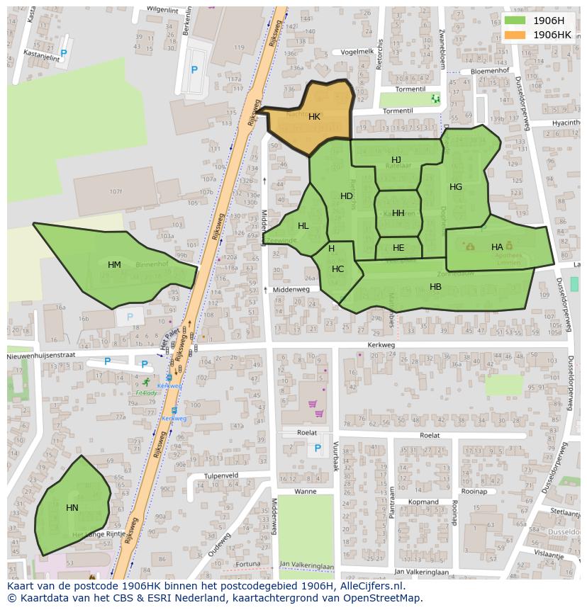Afbeelding van het postcodegebied 1906 HK op de kaart.
