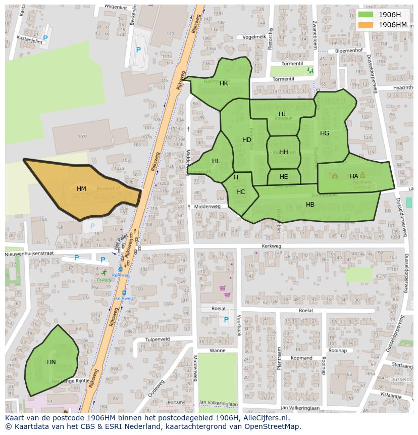Afbeelding van het postcodegebied 1906 HM op de kaart.