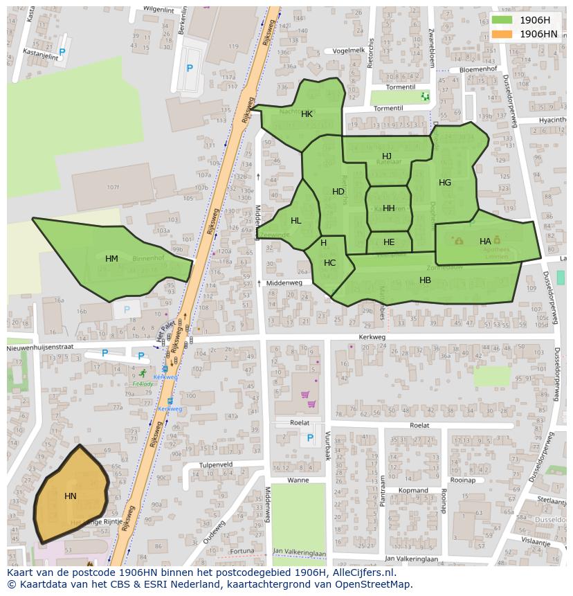 Afbeelding van het postcodegebied 1906 HN op de kaart.