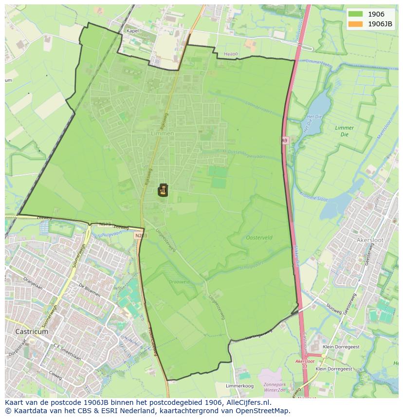 Afbeelding van het postcodegebied 1906 JB op de kaart.