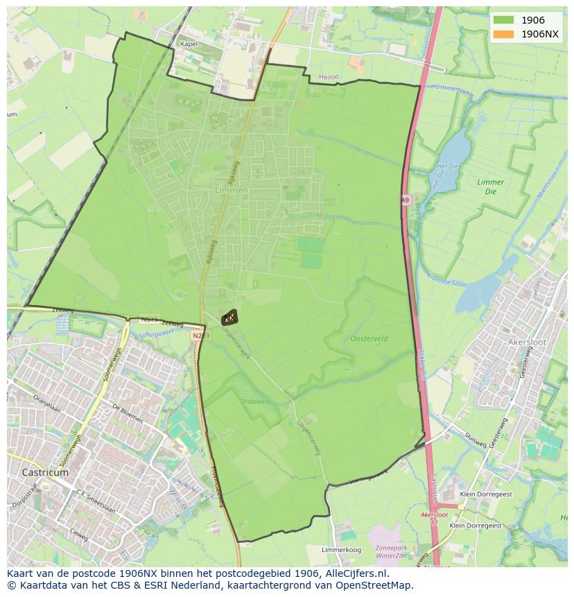 Afbeelding van het postcodegebied 1906 NX op de kaart.