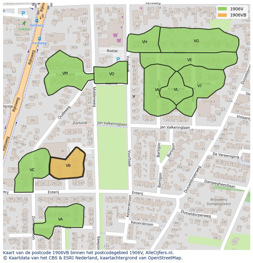 Afbeelding van het postcodegebied 1906 VB op de kaart.