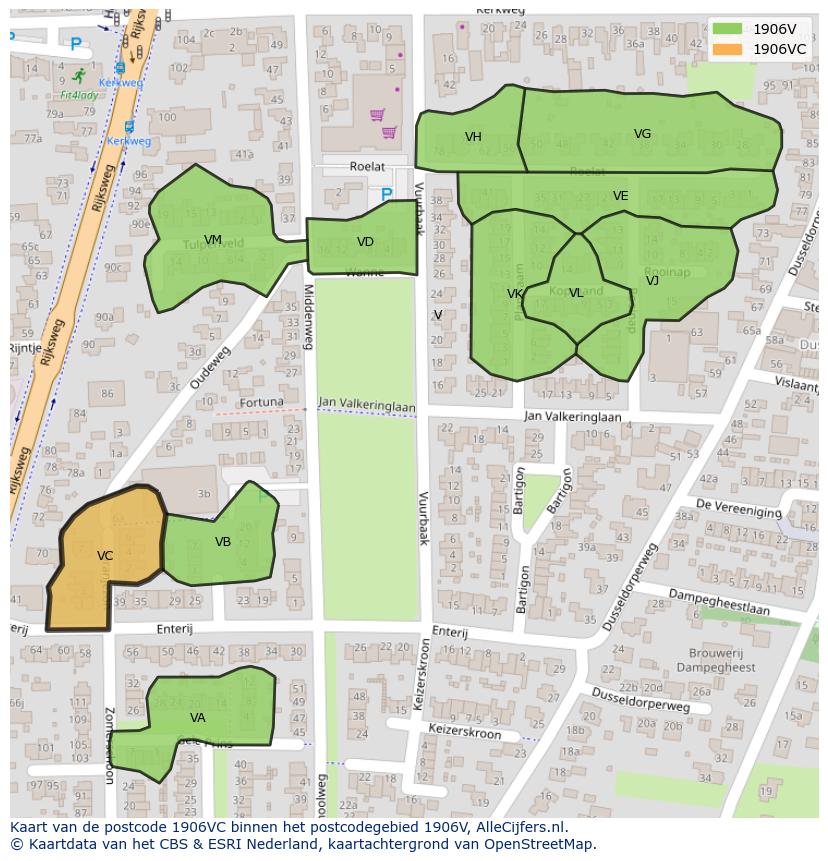 Afbeelding van het postcodegebied 1906 VC op de kaart.